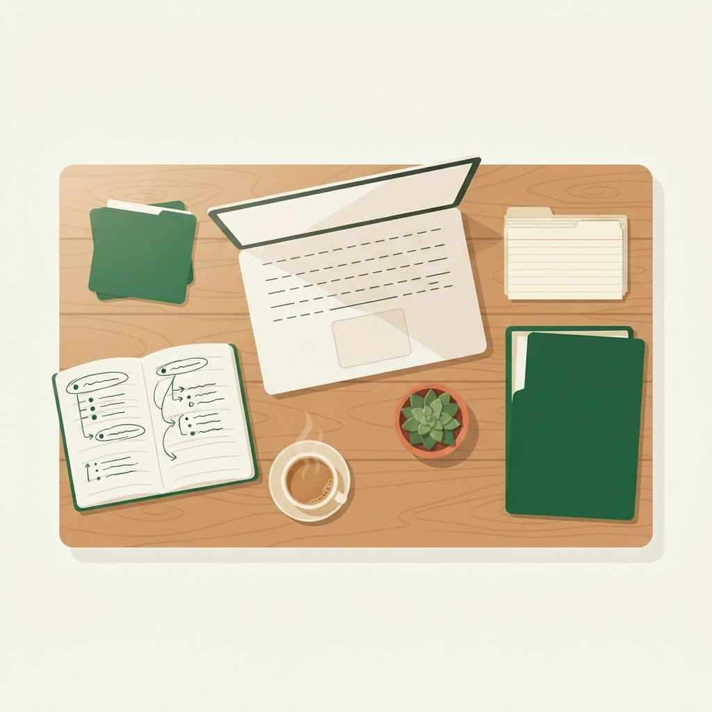 Espaço de trabalho em casa com portátil, cartões organizados e um caderno com um esboço estruturado